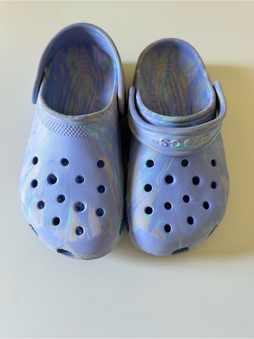 CROCS Kids size 1 Blueish Purple Swirl Foam Clogs